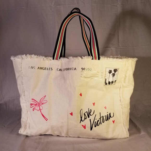 SOLD! NWOT Victoria's Secret Canvas Frayed Edge Tote - Picture 2 of 10